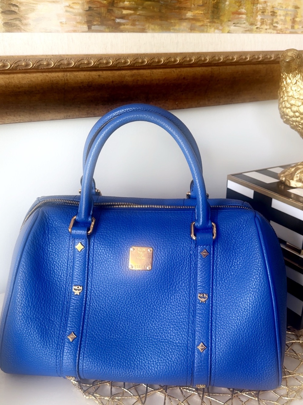 MCM Royal Blue Leather Bowling Bag with Gold Hardware - Picture 2 of 10